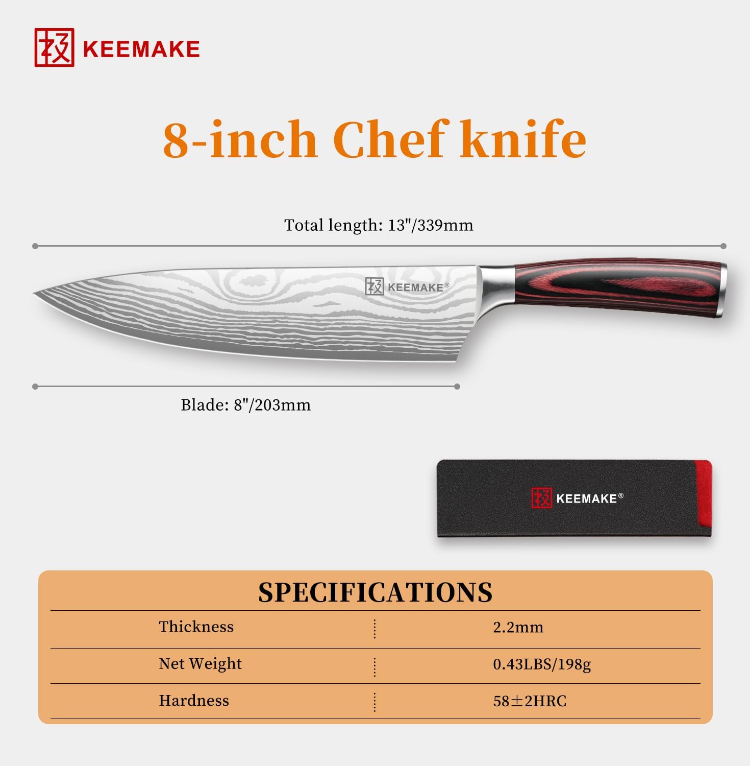 KEEMAKE Chef Knife - 8 Inch High Carbon Stainless Steel Kitchen Knife with Ergonomic Handle, Professional Kitchen Gadgets with Gift Box for Men and Women, Father Day Gifts