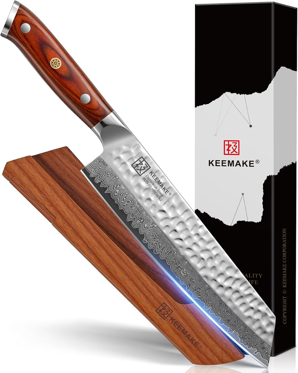 KEEMAKE Kiritsuke Chef Knife, 8 Inch Damascus Japanese Kitchen Knife with Ergonomic Pakkawood Handle, Ultra Sharp Non-Slip Cooking Knife with Ash Sheath & Dad Gift Box