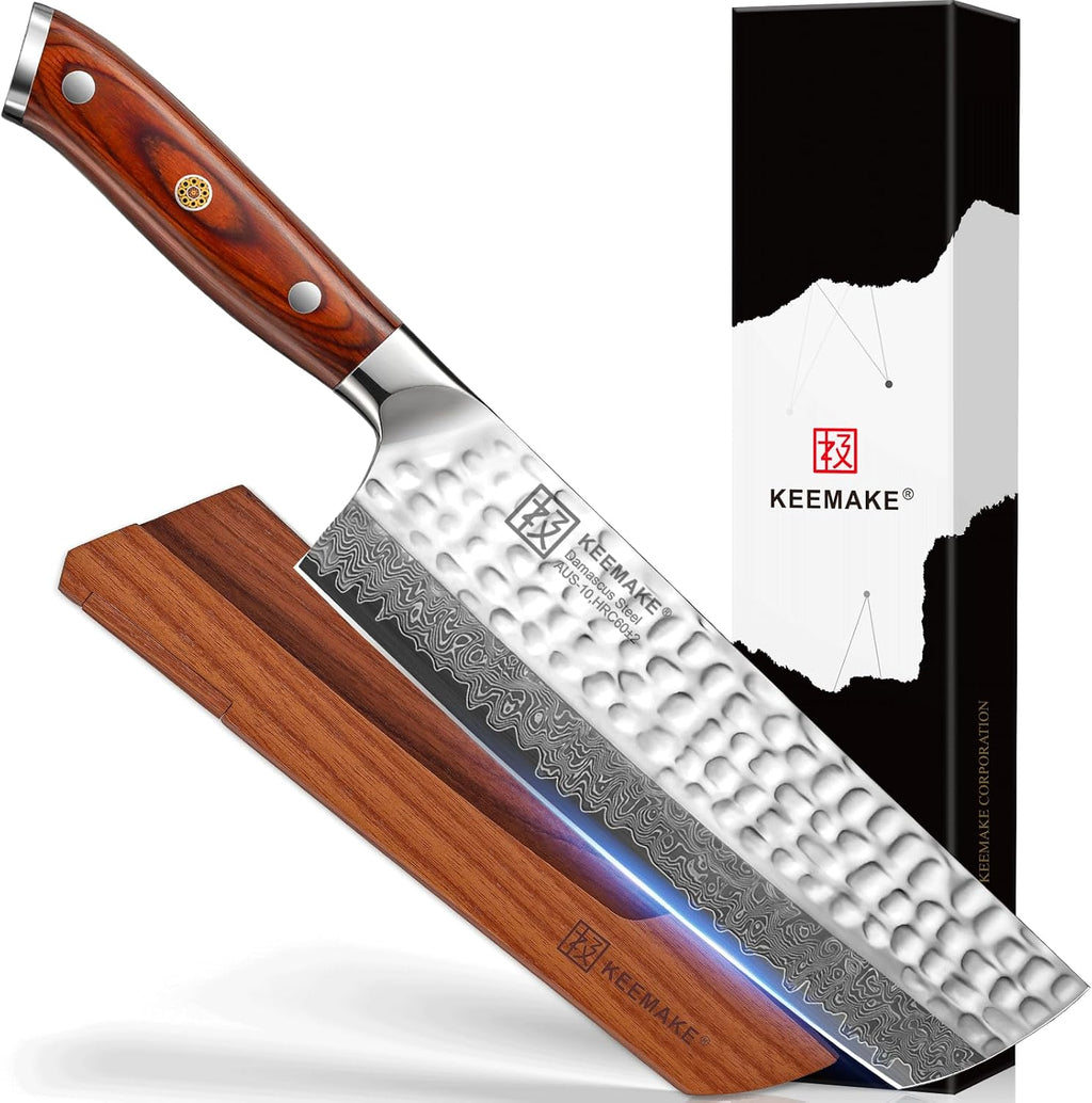 KEEMAKE Nakiri Chef Knife, 7 Inch 67-Layer Damascus Japanese Kitchen Knife with Ergonomic Pakkawood Handle, Ultra Sharp Non-Slip Cooking Knife with Ash Sheath & Dad Gift Box