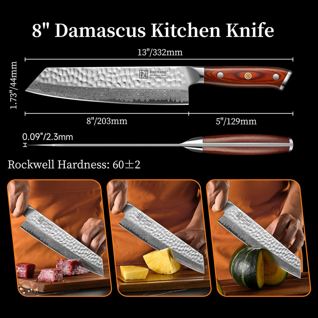 KEEMAKE Kiritsuke Chef Knife, 8 Inch Damascus Japanese Kitchen Knife with Ergonomic Pakkawood Handle, Ultra Sharp Non-Slip Cooking Knife with Ash Sheath & Dad Gift Box