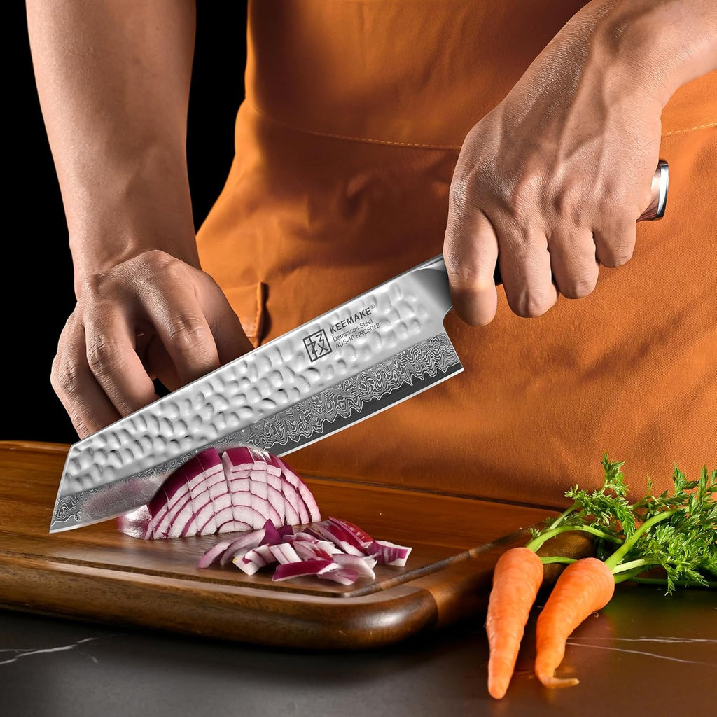 KEEMAKE Kiritsuke Chef Knife, 8 Inch Damascus Japanese Kitchen Knife with Ergonomic Pakkawood Handle, Ultra Sharp Non-Slip Cooking Knife with Ash Sheath & Dad Gift Box