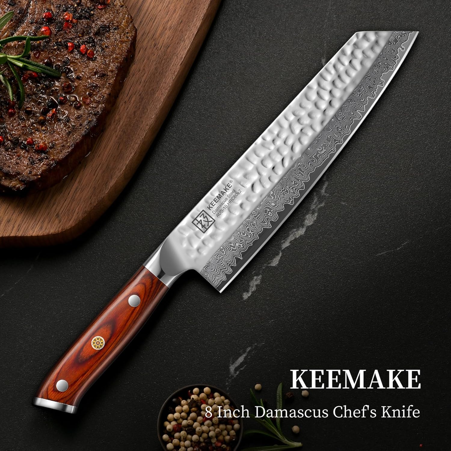KEEMAKE Kiritsuke Chef Knife, 8 Inch Damascus Japanese Kitchen Knife with Ergonomic Pakkawood Handle, Ultra Sharp Non-Slip Cooking Knife with Ash Sheath & Dad Gift Box